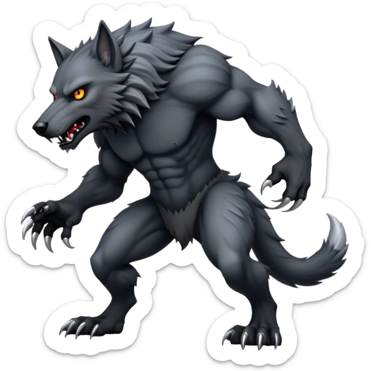 cinematic-noble-fierce-werewolf-full body on all fours-emoji, poised-and-imposing, with a tall, lean, and muscular wolfish frame inspired by the brutal, imposing shape of the beast from Berserk, fur rippling in shades of midnight black and silver, massive paws with razor-sharp claws, elongated limbs and fangs, eyes glowing with an intense, primal ferocity, reflecting the untamed power of the wild moonlit night; rendered with realism like a wolf sticker