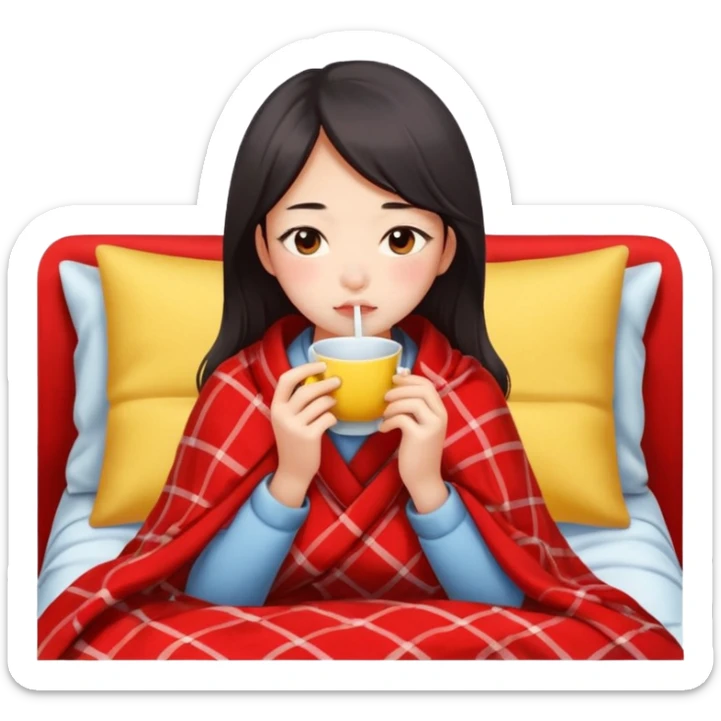 cute and sexy chinese girl, feeling sick up, nose and cheecks red by blush, covered by blanket, drinking tea with lemon sticker