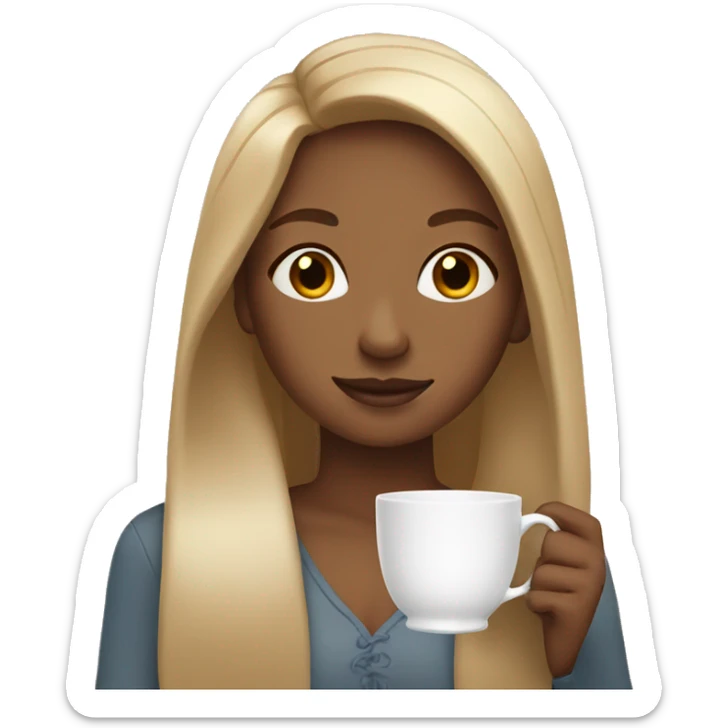 Light brown girl with straight long blonde hair holding tea cup sticker