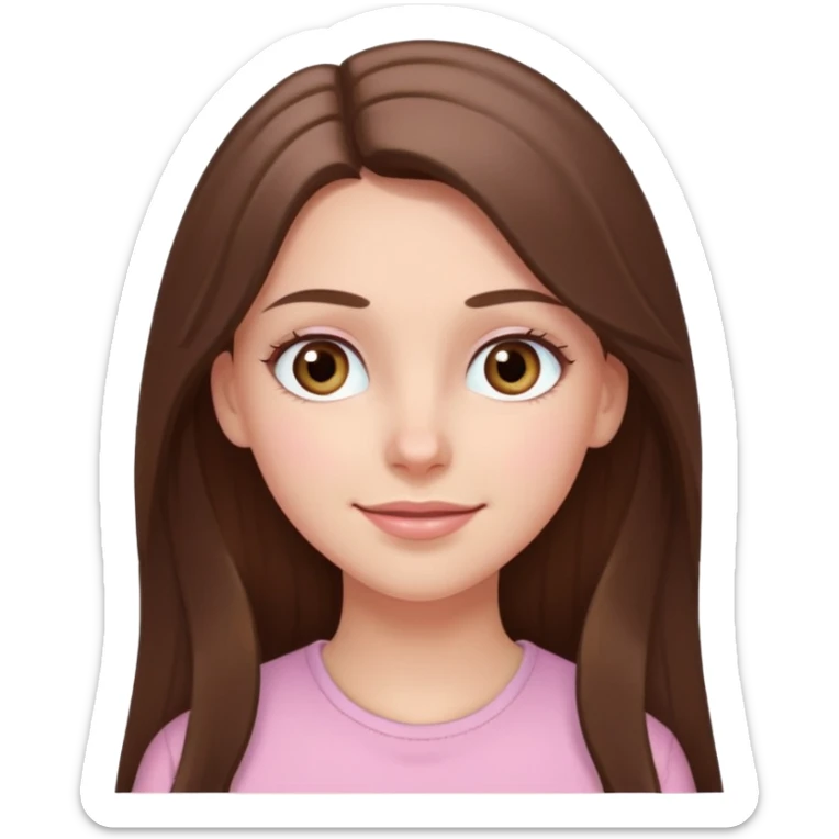 happy white long brunette hair girl with hazel eyes in light pink with a thought level sticker