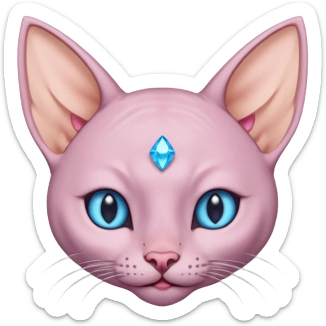 Light purple hairless cat body, pink gem middle of forehead, big pointy ears blue inside, ear like flaps coming out of both cheeks, end of tail split in two sticker