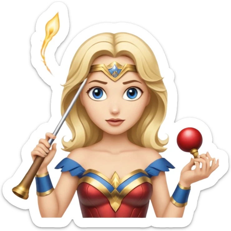 Blonde blue eyed Wonder Woman holding white orchestra conductor’s baton and bell  sticker