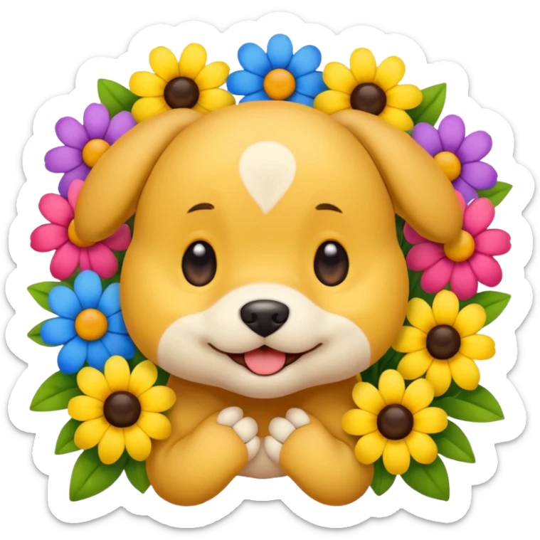 Cute smile face emoji with puppy dog eyes holding its cheeks and a bunch of flowers around it sticker