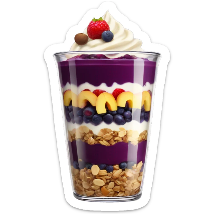 Açaí in a clear cup with layers of fruits and granola and condensed milk sticker