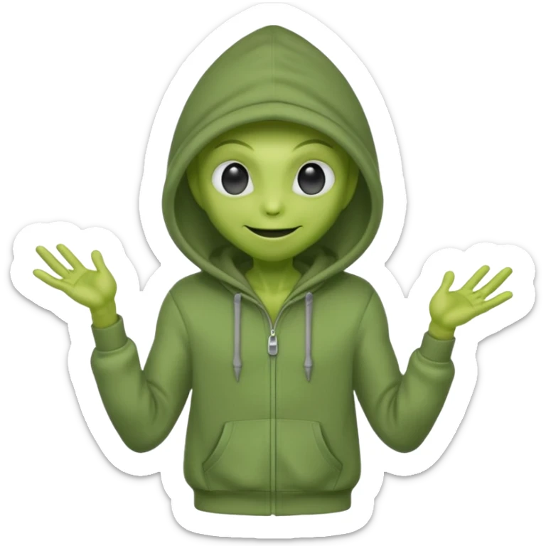 green alien in gray hoodie full height, wear hoodie hat, happy sticker