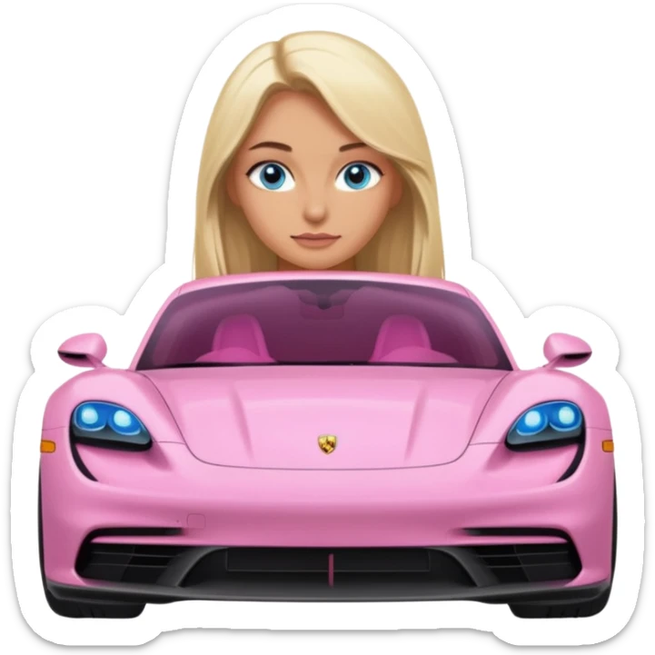 pink Porsche taycan with blonde girl, long hair, blue eyes, front view point of view, no sunglasses, sexy sticker