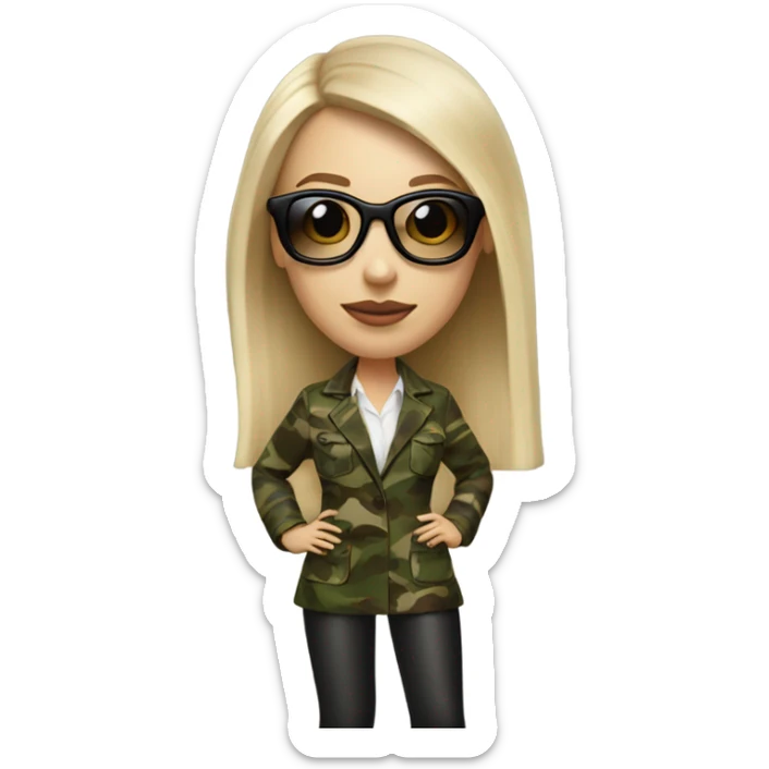 Realistic White woman with Long straight blonde hair and round sunglasses, camouflage Wool oversize blazer, mini skirt and Brown heeled leather boots  sticker