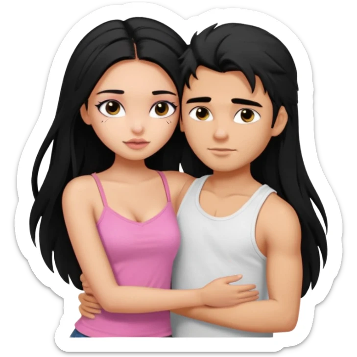 generate a pretty tan bratz boy with messy black hair wearing a white tshirt. Hugging a fair girl with long black hair, eyeliner, wearing a pink cami.  sticker