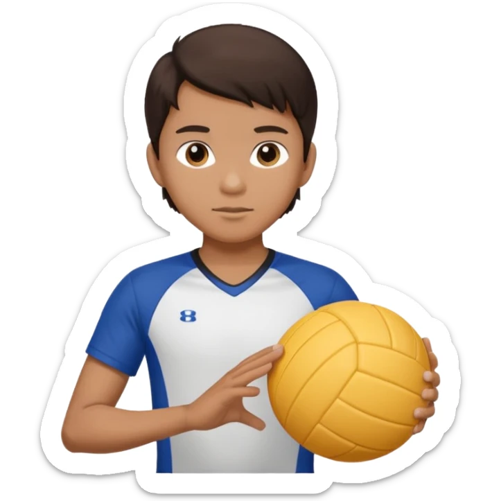 Filipino boy with very dark brown hair with small white bow in his hair and he is holding a volleyball sticker