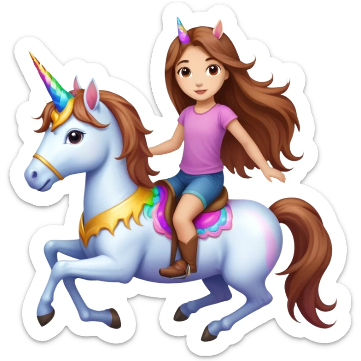 young light-skinned girl with long brown hair on a colorful unicorn sticker