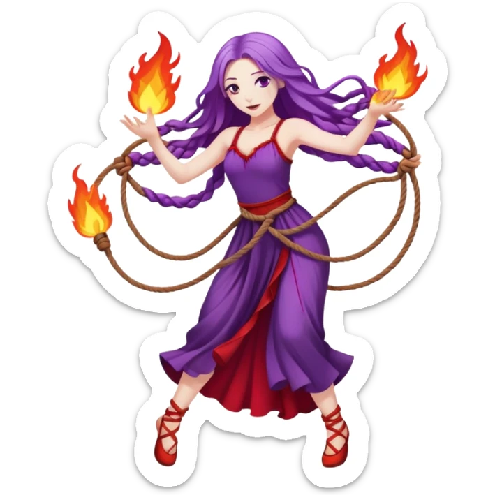 Full body two ropes on fire dance performer pale skin with long purple hair red dress sticker