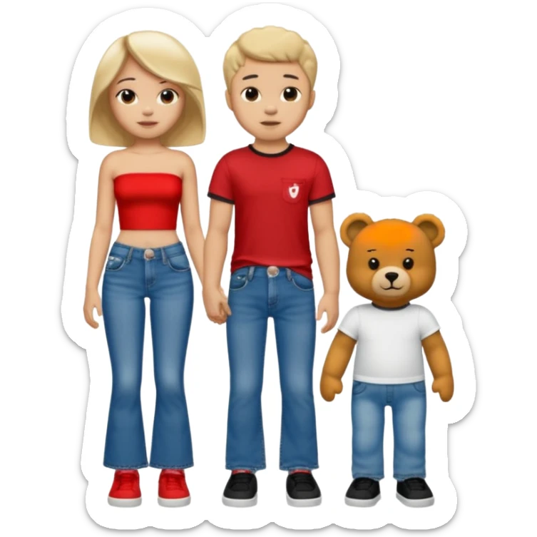A boy and a girl teddy bear for the boy bear put on true religion shirt and jeans with black shoes and for the girl put flare jeans and a red tube top and white shoes sticker