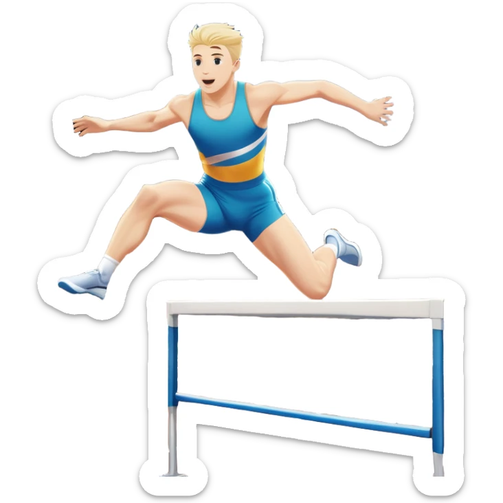 An icon of an white-skined athlete soaring over a hurdle, mid-jump, with a powerful form. The background features a vibrant stadium, with the track and hurdles in sharp focus, and a cheering crowd along the stands. The motion of the jump emphasizes speed and agility. Transparent background. sticker
