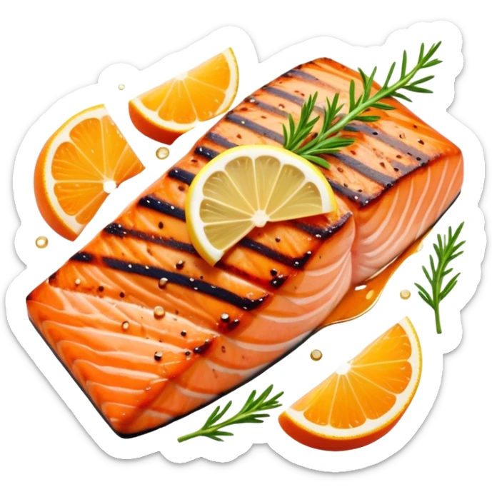 Cinematic perfectly grilled salmon, rich orange hues with crispy skin, garnished with fresh herbs, drizzled with lemon, ultra-detailed and delicious. sticker