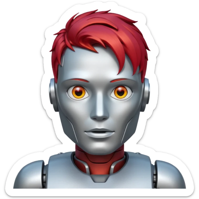 male robot with vibrant hair color and metalic face sticker