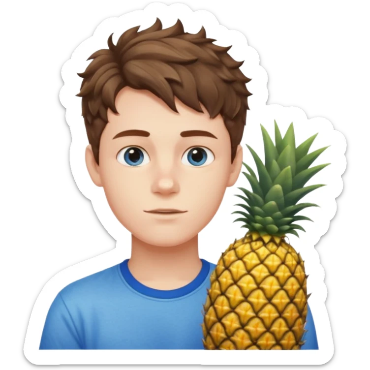 Pale teenage man with short wavy brown hair holding pineapple, prominent jawline, blue eyes sticker