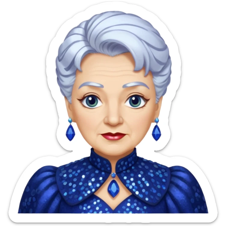 Madame Morrible from The Wizard of Oz with white hair, indigo sequin outfit sticker