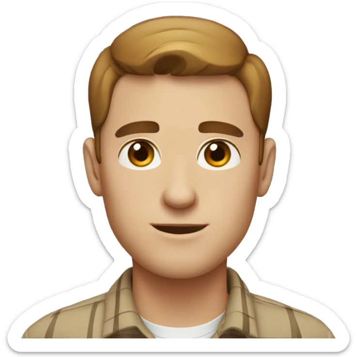 white man short brown hair parted in the middle, brown eyes, tattersall shirt sticker