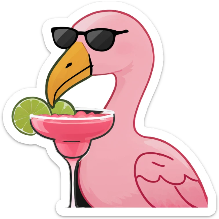 a pink flaming flamingo holding a pink margarita in hand sticker