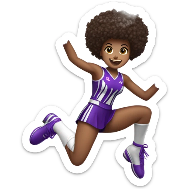Caucasian cheerleader with dark brown curly hair, jumping and holding up two purple Pom poms, small full body emoji sticker