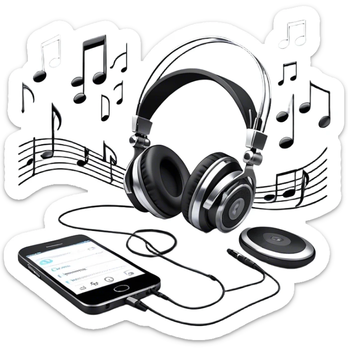 Icon for R&B Music Listening: a pair of high-quality headphones with a music player or speaker beside it, surrounded by musical notes and a subtle background of R&B-related elements like smooth grooves or a microphone. Transparent background. sticker