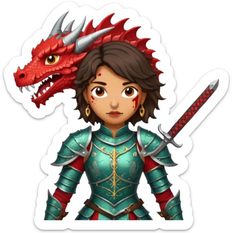 Fierce Latina in armor with a sword after a battle cutting off the head of a dragon sticker
