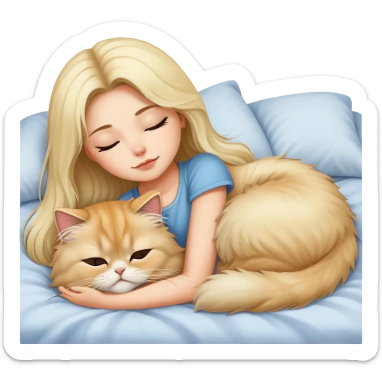 pretty girl with dark long hair sleeping with blonde fluffy  persian cat in bed sticker