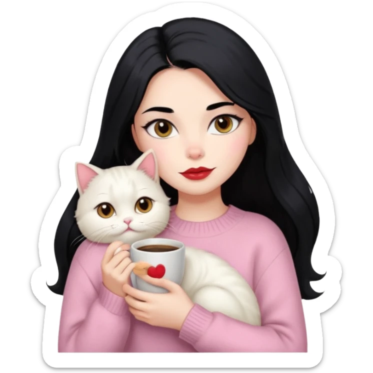 Beautiful Girl Long Hair black, Brows Big , Skin White, Sweater Pale Pink , Big Red Lips, Eyes coffe, Hug Little baby Persa Cream Cat With Cute Eyes sticker