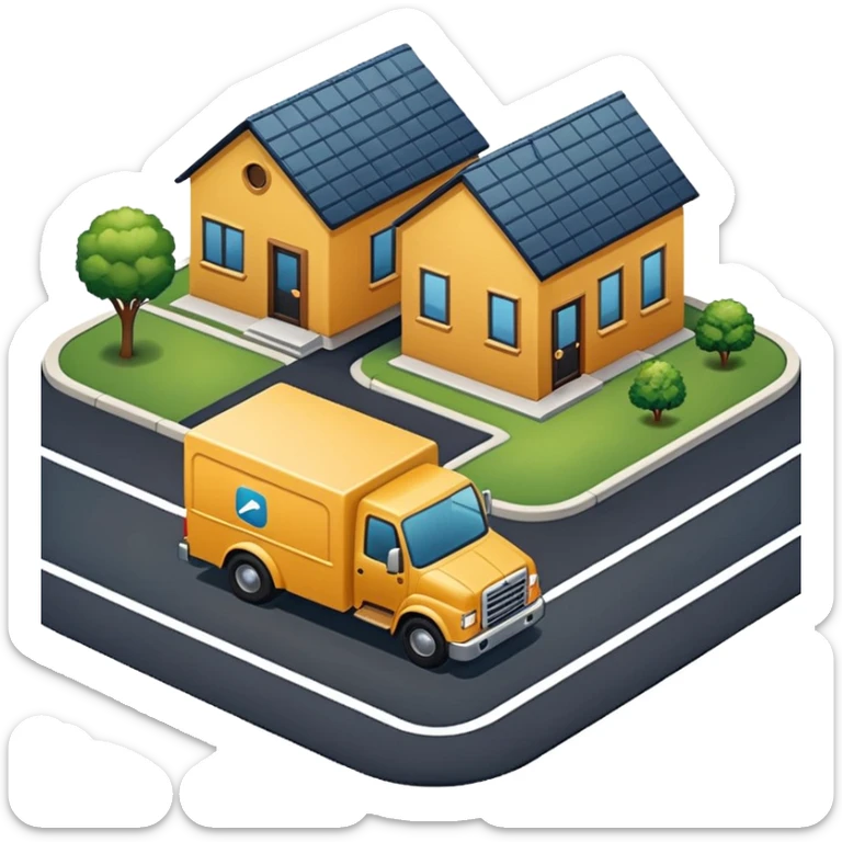 top view of a truck, package, house, and company building side by side, connected by street lines, modern apple emoji style sticker