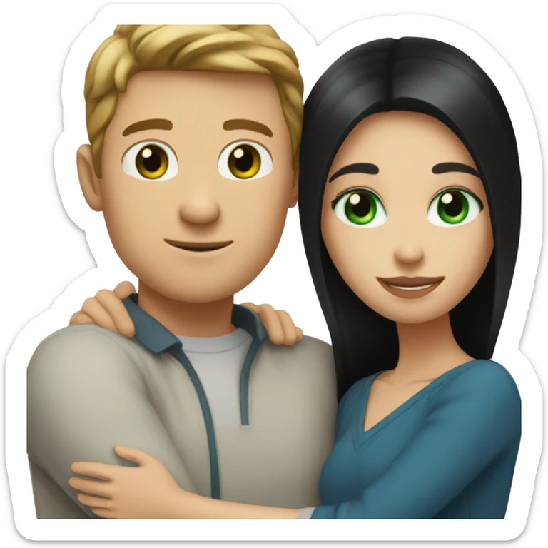 White man with blue eyes and BROWN hair hugging white woman with long straight black hair and green eyes sticker