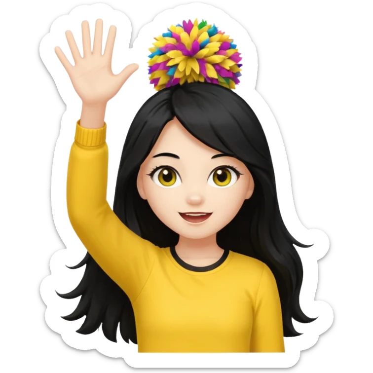 A long black hair teen girl waving pom-poms, eyes sparkling with excitement, yellow top sticker