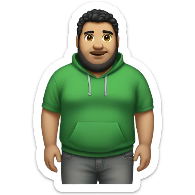 wide fat guy with black hair big chest green hoodie and grey jeans and a shaved beard, with little acne sticker