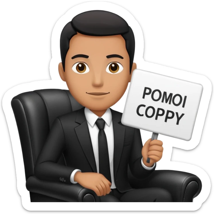A man in a black suit sits on a black leather chair and holds a sign that says PrimeCopy sticker