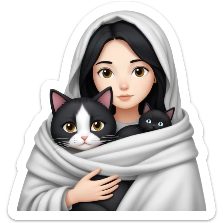 A fair-skinned girl with long black hair wrapped in a blanket hugging a black and white cat sticker