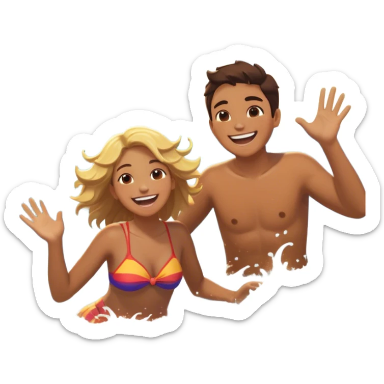 A person splashing in the ocean, laughing with a warm friend beside them. They’re playfully pretending to play, fully immersed in the fun. The sun glows above, and the waves crash around them, symbolizing the joy of being present, creating fun, and appreciating the moment with the people  sticker