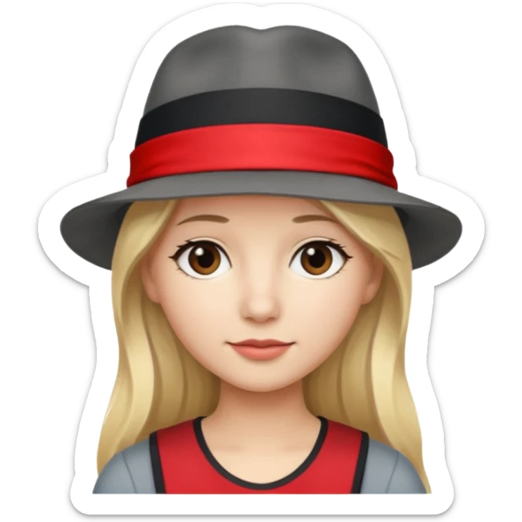 A person with long blond hair, wearing a gray fedora with a black band and a red headband underneath. sticker