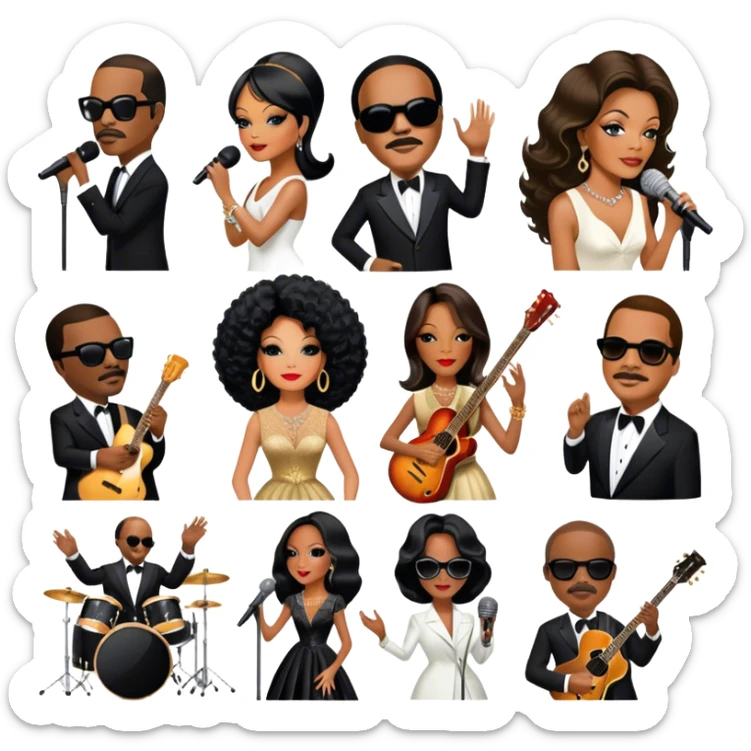 Icon for R&B Music: collage of legendary R&B artists—Diana Ross, Stevie Wonder, Marvin Gaye, Janet Jackson, Billy Ocean, and Whitney Houston. Represented by silhouettes or symbolic items like a microphone, guitar, or music notes. Transparent background. sticker