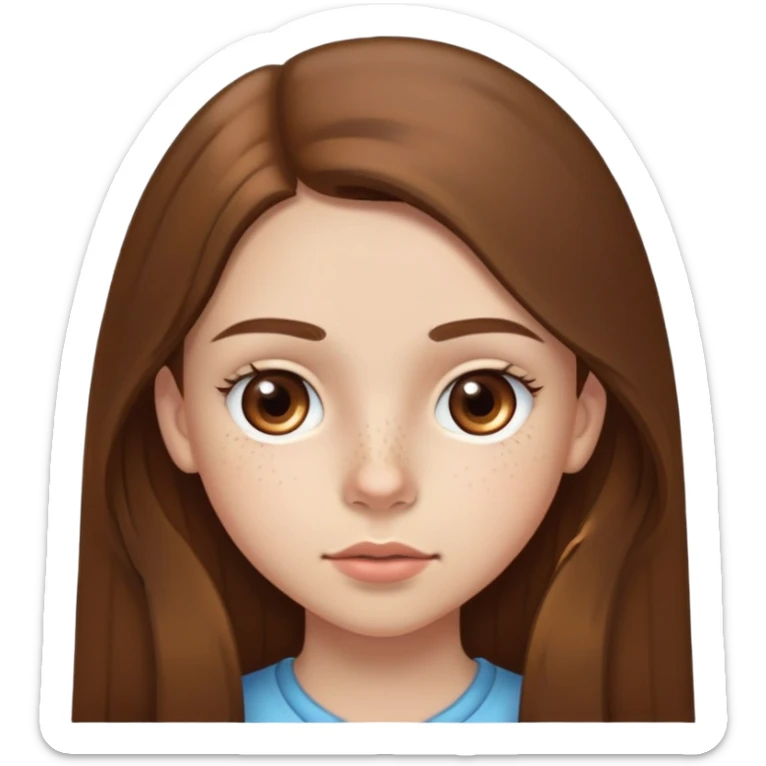 A 12-year-old girl with very long brown hair, light brown eyes, medium thick eyebrows, slightly big lips, a small freckle on her cheek and another small freckle under her eye sticker