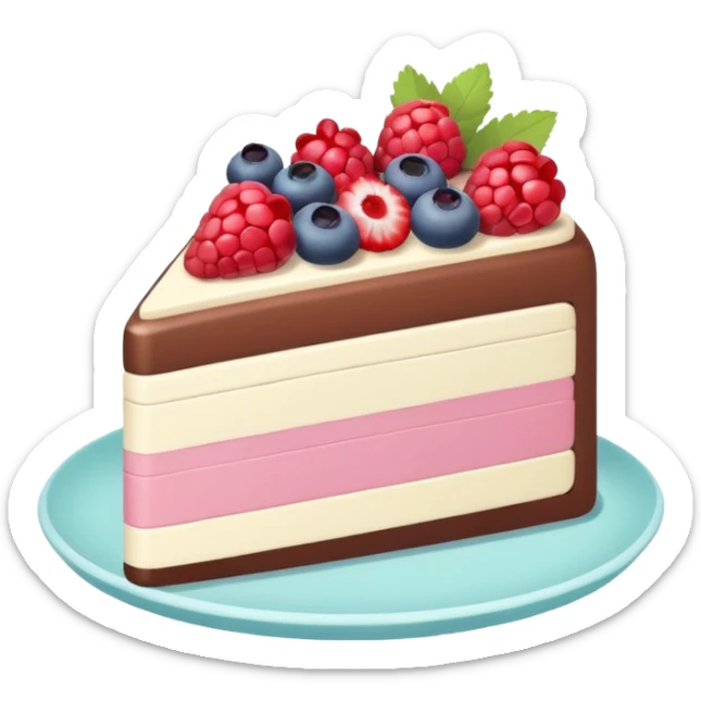 Confectionery humanless avatar in bright emoji-style illustration. Cake slice with cream and berries, pastel colors, simple shapes, flat design, sweet and inviting. sticker