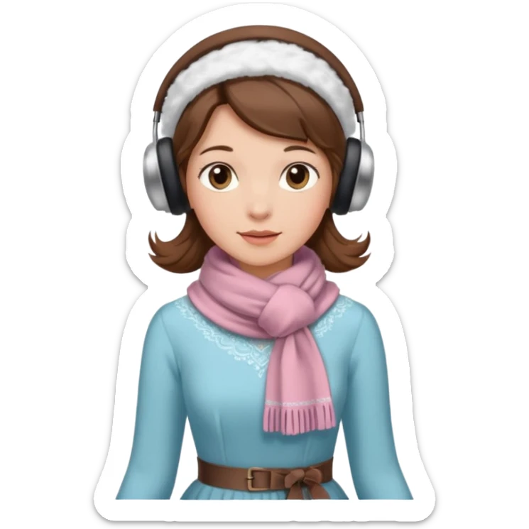 Victorian ice skater in a long dress. She is wearimg a scarf and earmuffs. She has brown hair. sticker