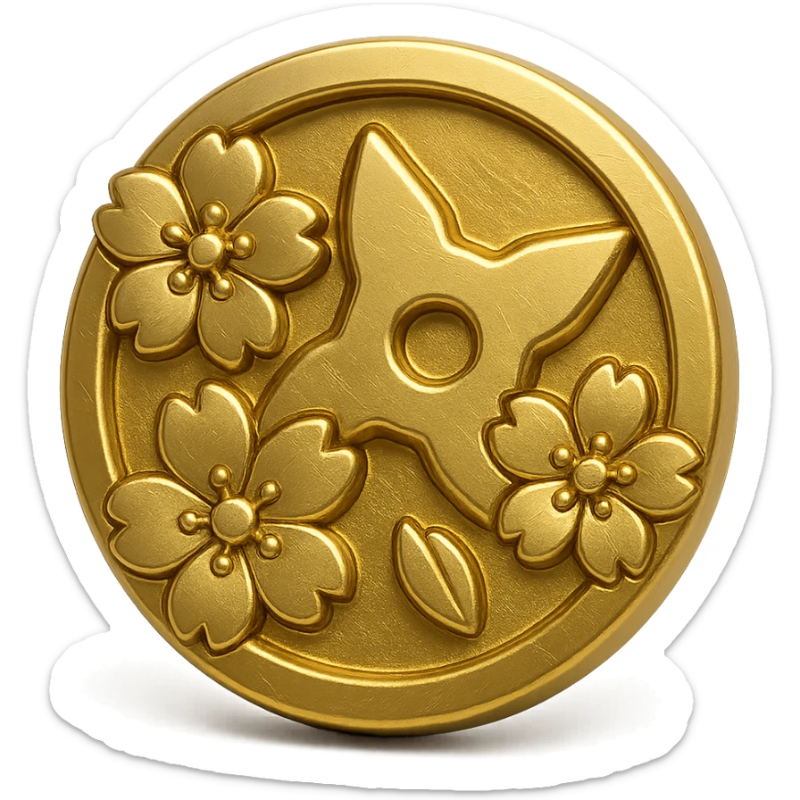 Japanese style badge in gold color, traditional crest shape, sakura (cherry blossom) accents, chibi/anime-inspired playful vibe, ninja star accent, no text, sized for Twitch or Discord use, transparent background. sticker