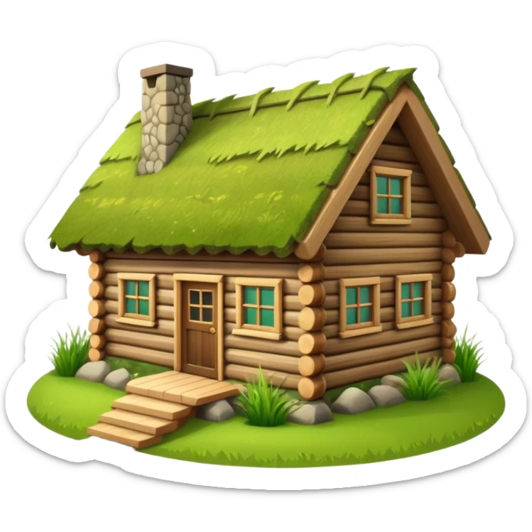 traditional Norwegian log cabin house with grass roof, wooden texture, emoji style sticker