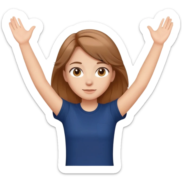 Light brown hair to arms, hazel eyes, girl, peach skin, navy blue t-shirt sticker