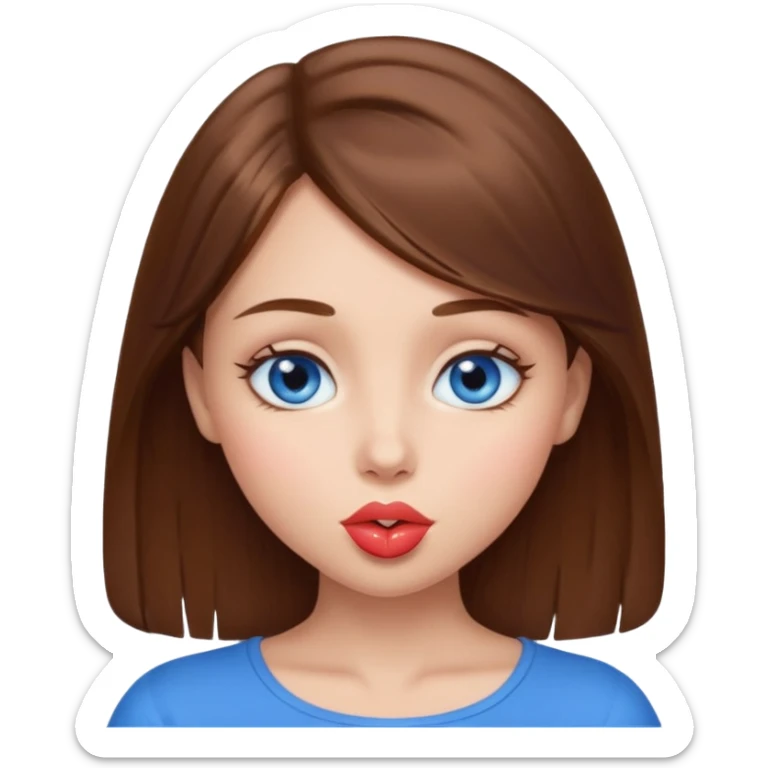 A girl with brown longish hair and very blue eyes sending a kiss sticker