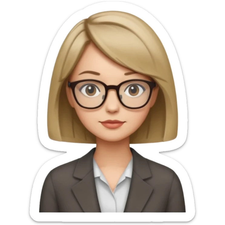 woman dark blonde petite bob haircut wears dark squarish glasses, classic clothes sticker