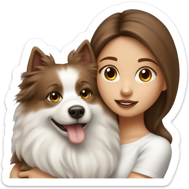 beautiful girl with brown hair kissing her cream white spitz dog sticker