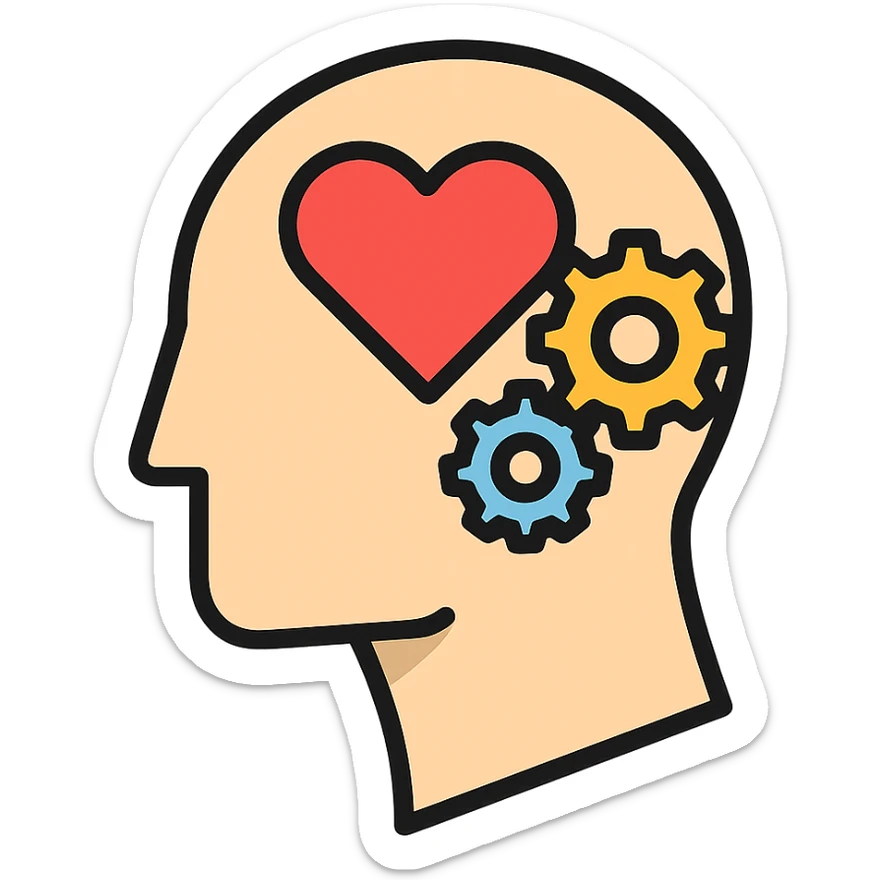 Vector illustration of a human head icon in profile view, with a heart or gears inside the head symbolizing emotional intelligence or cognitive processing. Clean and sharp lines, with subtle realistic shadows and glossy highlights for depth. Flat yet modern vector style. Transparent background sticker