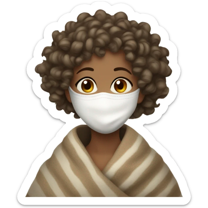 a light-skin girl with curly hair wrapped in a blanket with a cup of tea and a white facial mask on sticker