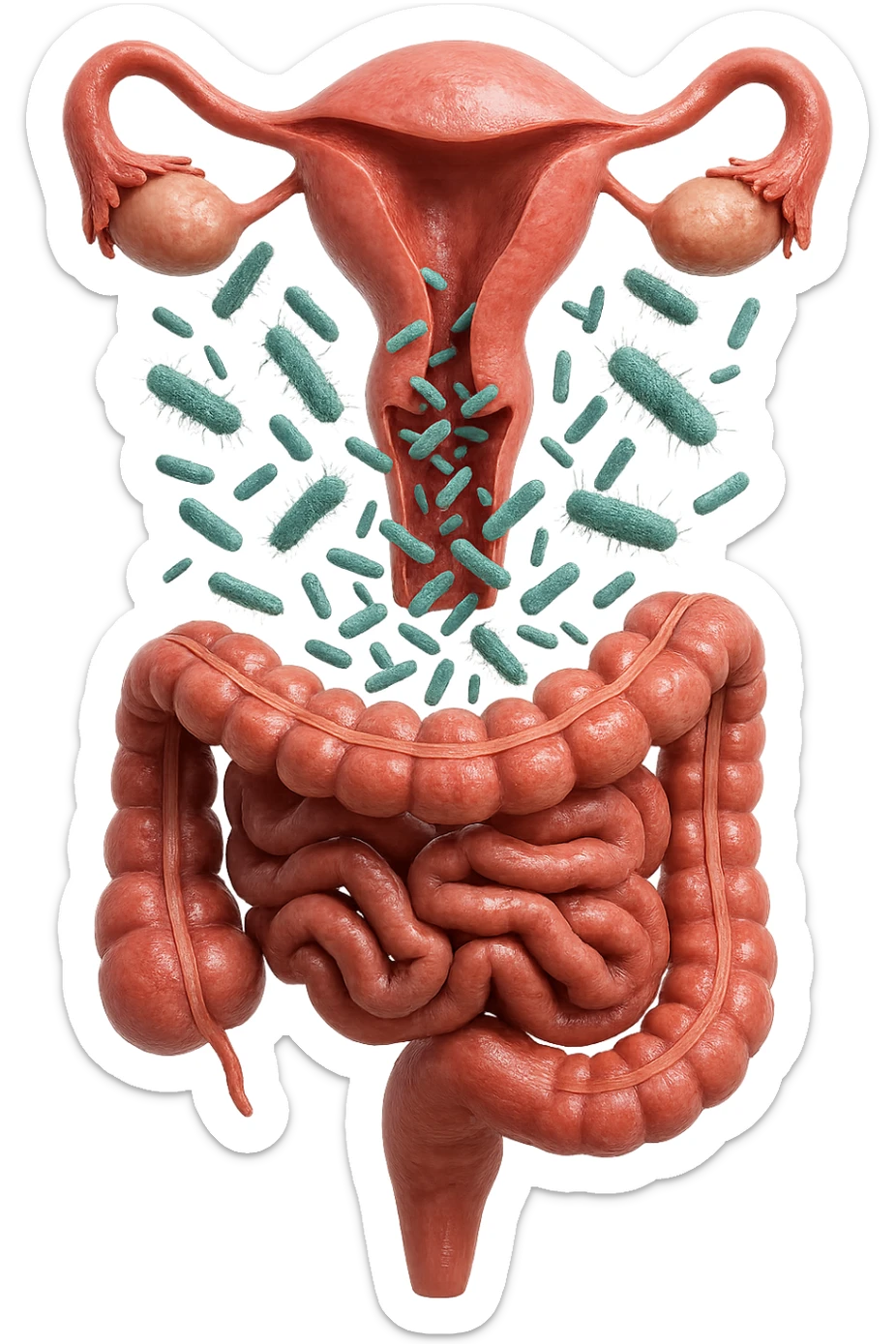 UTERO UMANO E INTESTINO ANATOMICI REALISTICI SONO UNO SOPRA ALL'ALTRO E SI PASSANO I BATTERI A VICENDA, CON BATTERI CHE ESCONO DALL'INTERNO, IPERREALISTICO 4K, NON DISEGNATO sticker