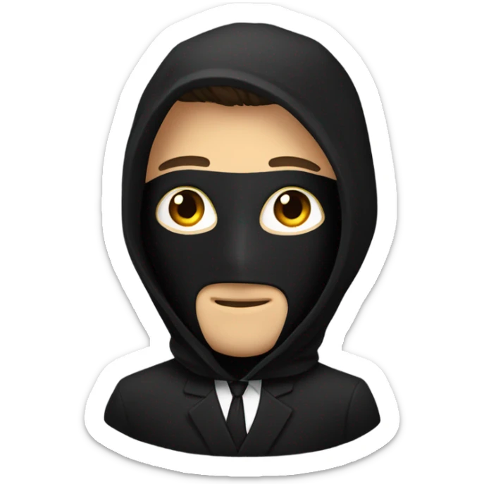 Man in a full black suit and a black hood with a black mask that has details of his face sticker